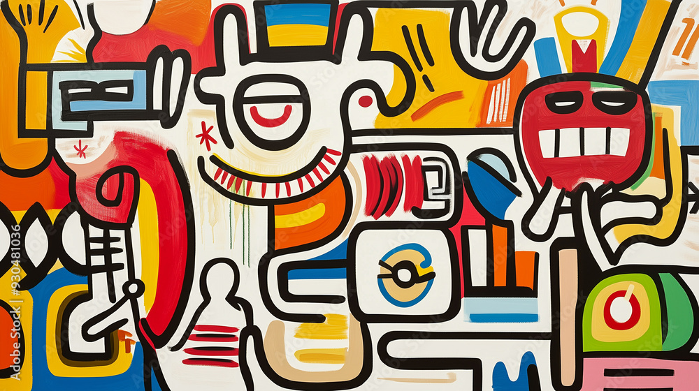 Vibrant abstract painting with bold colors, energetic and playful characters. Modern art with contemporary decor. Vibrant abstract painting with bold colors, energetic and playful characters. Modern art with contemporary decor.