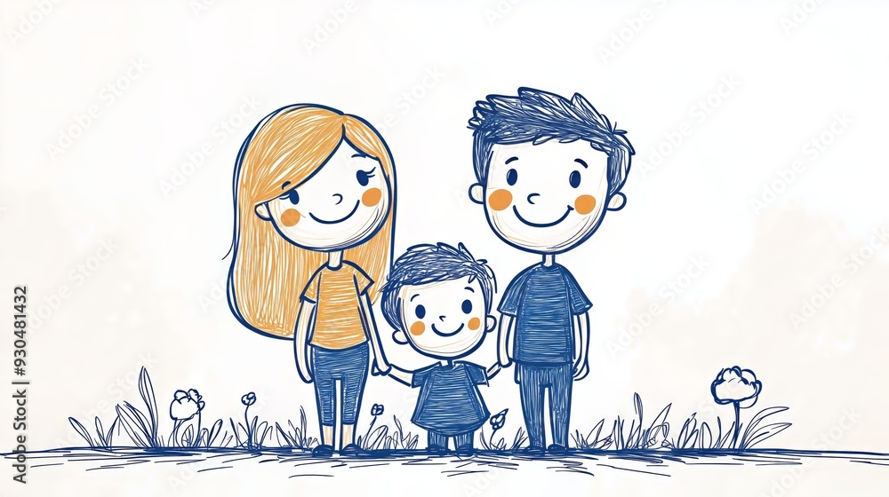Fototapeta premium A hand-drawn sketch of a happy family consisting of two adults and one child standing together outdoors among flowers