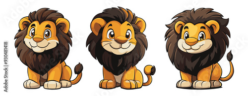 cartoon illustration Smiling lion cub sitting on white background, generative ai