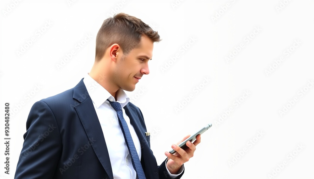 Businessman Using Smartphone While Walking - Side View on White Background Businessman Using Smartphone While Walking - Side View on White Background