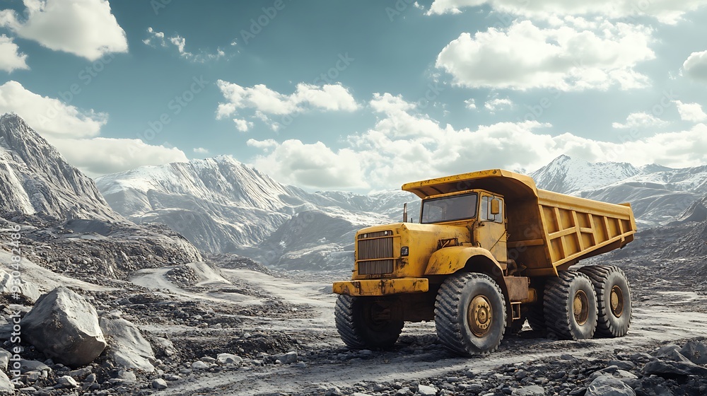 Yellow Dump Truck in a Rocky Mountain Landscape Yellow Dump Truck in a Rocky Mountain Landscape