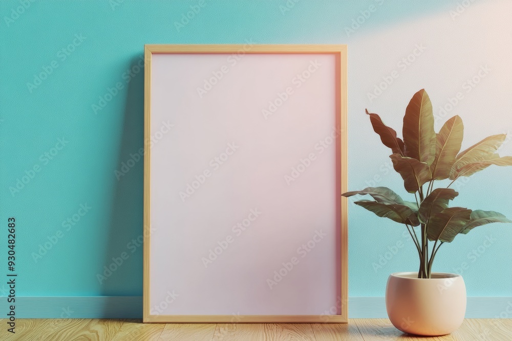 Empty Frame Mockup on Pastel Pink Wall Indoors with Hardwood Floor and Potted Plant in Soft Natural Lighting, Serene and Peaceful Ambiance Empty Frame Mockup on Pastel Pink Wall Indoors with Hardwood Floor and Potted Plant in Soft Natural Lighting, Serene and Peaceful Ambiance