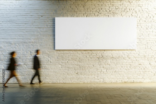 Wallpaper Mural Urban Industrial Setting with Diffused Sunlight, Male and Female Passing by White Brick Wall with Billboard Mockup, Daytime Torontodigital.ca