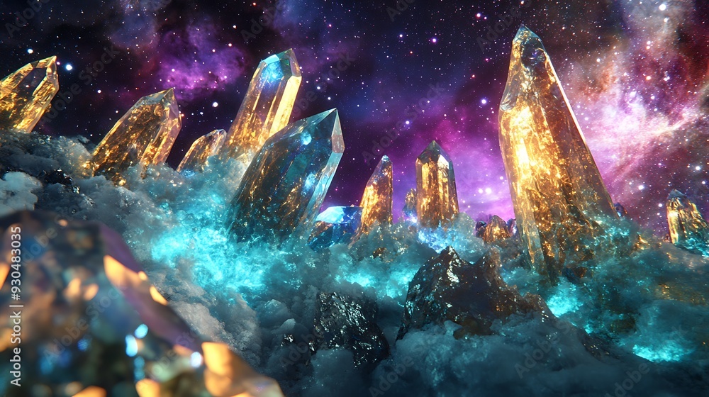 Ethereal Cosmic Landscape with Glowing Crystalline Structures and Nebulae in Teal, Gold, and Violet Hues Ethereal Cosmic Landscape with Glowing Crystalline Structures and Nebulae in Teal, Gold, and Violet Hues