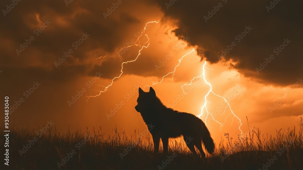 A silhouette of a wolf against a dramatic sky with lightning. A silhouette of a wolf against a dramatic sky with lightning.