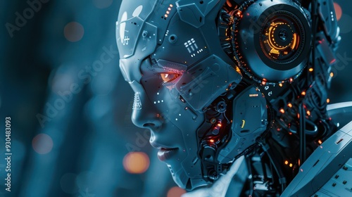 A futuristic robot with intricate details and glowing elements, showcasing advanced technology and design in a close-up view.