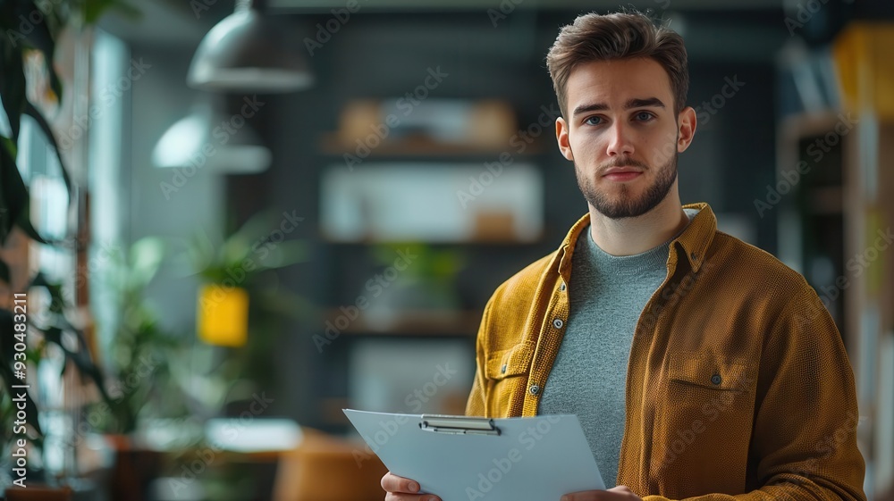Fototapeta premium business concept young guy preparing for presentation, studio shot, panorama