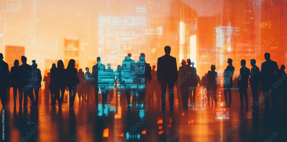 Silhouettes of People in a Cityscape with Digital Overlays Silhouettes of People in a Cityscape with Digital Overlays