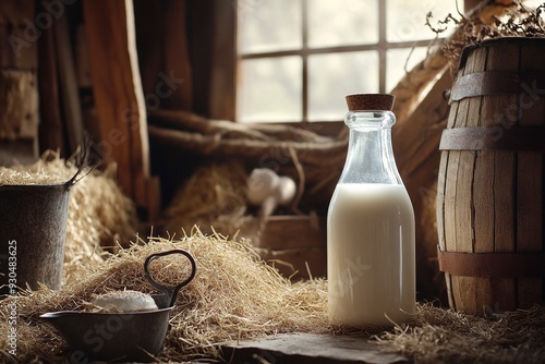 Fresh Farm Milk: Capture a rustic still-life of fresh milk in a glass bottle, surrounded by scenic farm elements like hay, barn wood, and a milk pail. Generative Ai