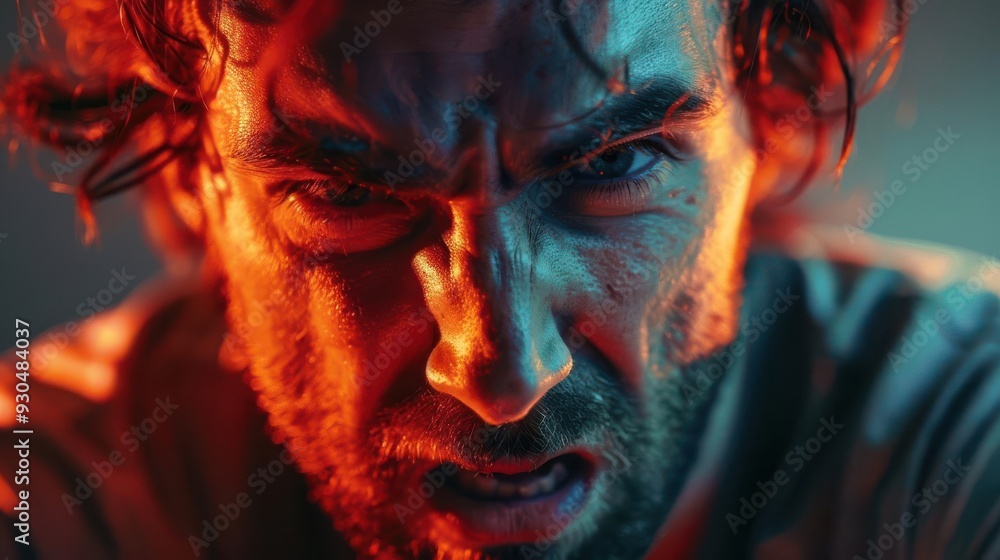 Close-up portrait of a man with an intense and angry expression, illuminated by dramatic lighting, conveying emotion and intensity. Close-up portrait of a man with an intense and angry expression, illuminated by dramatic lighting, conveying emotion and intensity.
