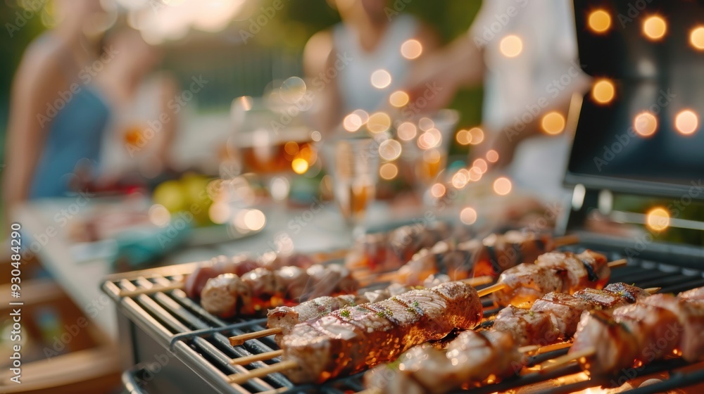 A close-up of delicious grilled skewers at a vibrant outdoor gathering, highlighting summer joy and savory flavors. A close-up of delicious grilled skewers at a vibrant outdoor gathering, highlighting summer joy and savory flavors.