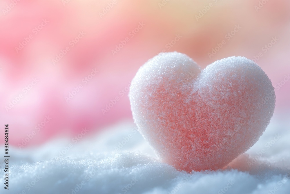 Fototapeta premium Colorful fluffy love-shaped dessert on pastel background. Close-up of cute cotton candy representing love and passion. Delightful sweet setting for valentine's celebration
