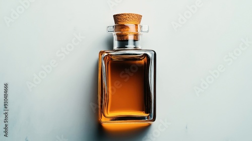 Close-up of a rectangular glass bottle with a cork stopper, filled with amber liquid, on a light background.