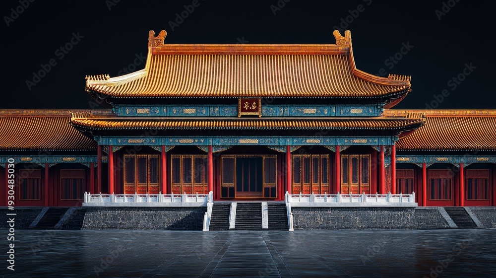 Fototapeta premium A traditional Chinese palace with a golden roof and red pillars, set against a black background.