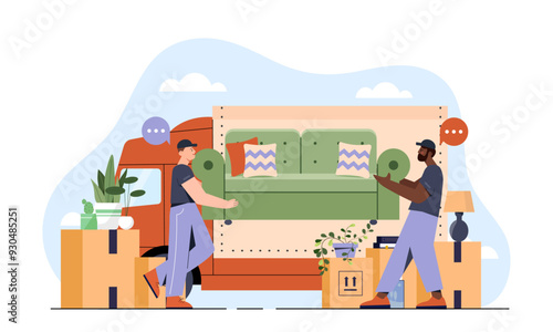 Moving service concept. Men carry sofa and cardboard boxes into truck. Relocation and immigration. Employees moves furniture at home. Flat vector illustration isolated on white background