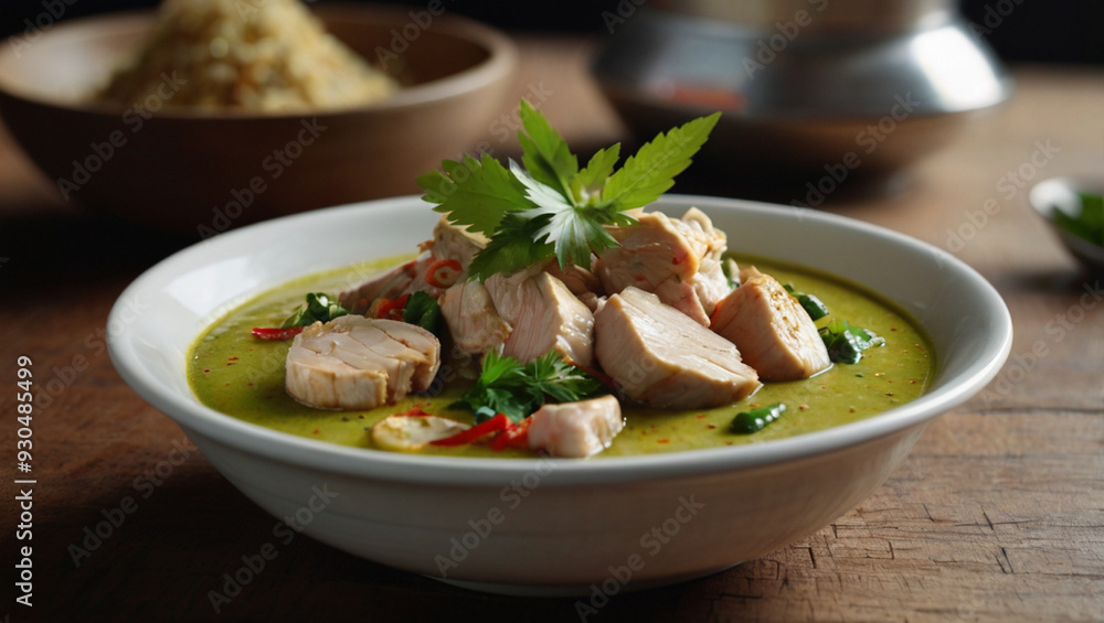 Green curry, large and soft chicken breast, sprinkled with parsley. Green curry, large and soft chicken breast, sprinkled with parsley.