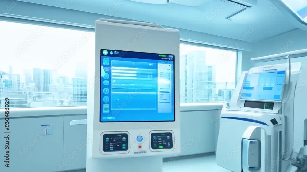 A hospital corridor with a clean, modern design, featuring a mix of clinical A hospital corridor with a clean, modern design, featuring a mix of clinical