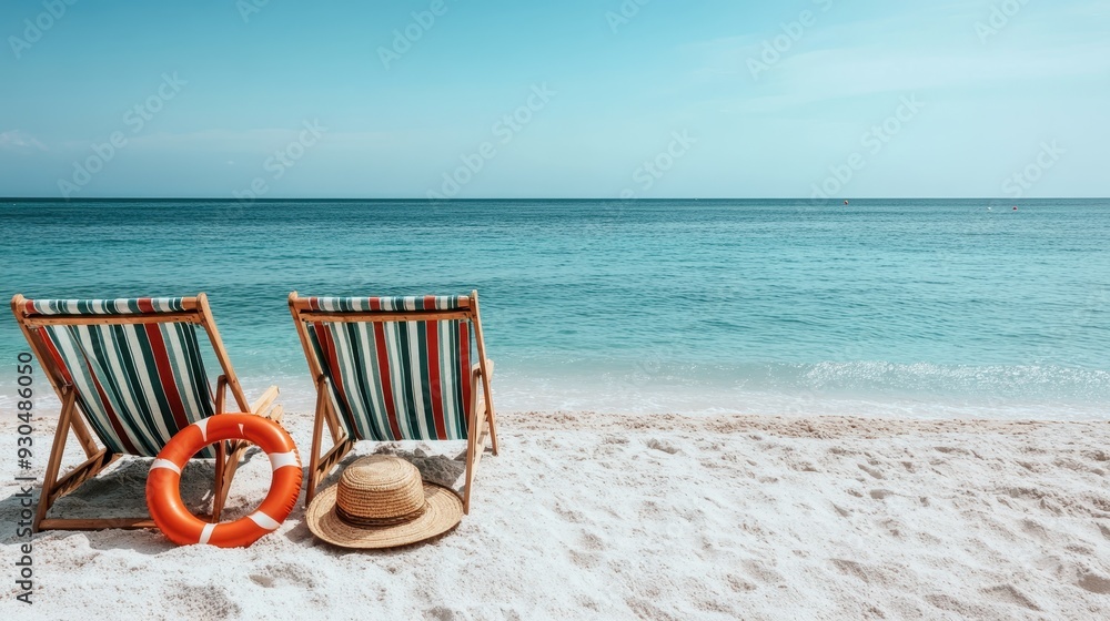 Two striped beach chairs and a hat are set up alongside a lifebuoy on a sandy beach that overlooks a calm, turquoise sea, exuding relaxation and a perfect beach day. Two striped beach chairs and a hat are set up alongside a lifebuoy on a sandy beach that overlooks a calm, turquoise sea, exuding relaxation and a perfect beach day.