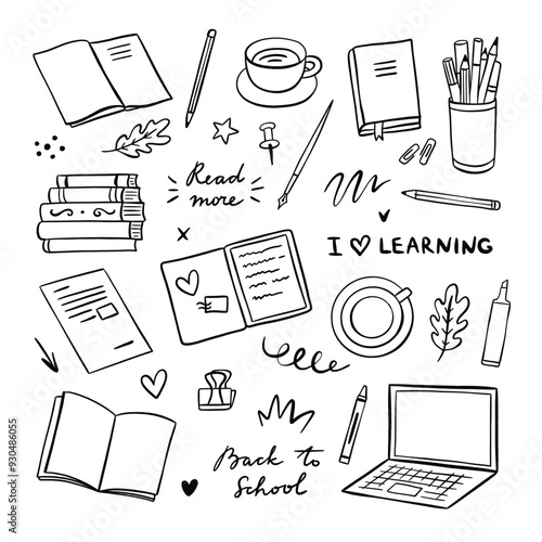 Cute school illustrations on white background. Vector books, school supplies, notebook, laptop. Back to school vector set