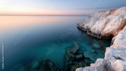 A beautiful coastal scene captured at sunset, showing serene waters and rugged cliffs. Perfect for idyllic and peaceful imagery needs on stock websites.