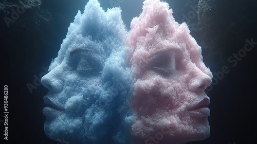 Surreal twin faces sculpted from clouds in dreamlike sky