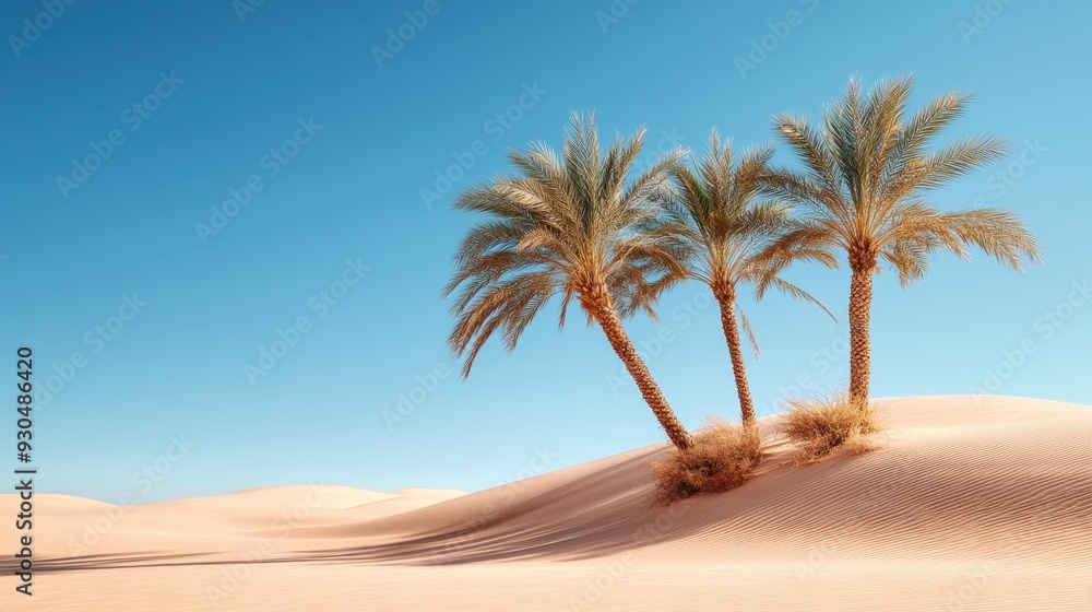 A beautiful image of three palm trees standing together on a gentle sand dune under a clear blue sky, representing the calmness and unity in the desert landscape. A beautiful image of three palm trees standing together on a gentle sand dune under a clear blue sky, representing the calmness and unity in the desert landscape.