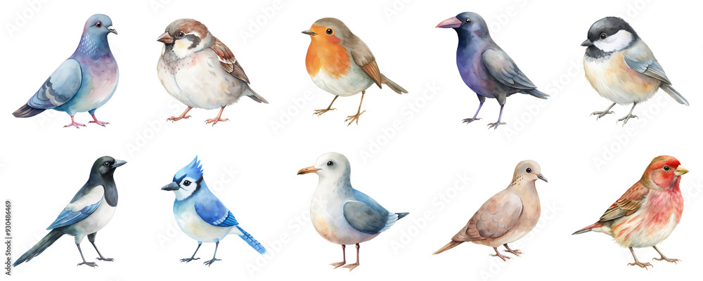Obraz premium City birds in watercolor illustration set. Cute icons collection of featuring various urban feathered creature isolated on transparent background.