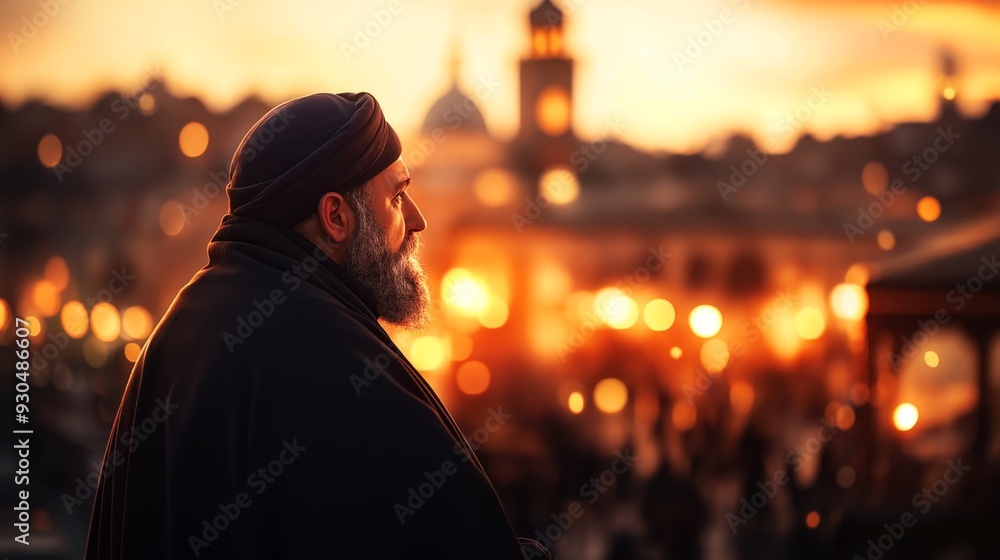 A contemplative man with a beard and dark attire, possibly a religious figure, gazes at a sunset-lit cityscape with blurred lights in the background. A contemplative man with a beard and dark attire, possibly a religious figure, gazes at a sunset-lit cityscape with blurred lights in the background.