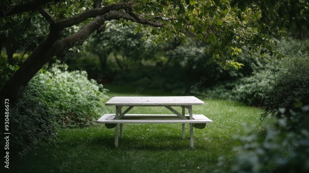 A white wooden picnic table sits in a lush green garden, shaded by tree branches. This peaceful garden setting is ideal for a quiet outdoor meal or gathering. A white wooden picnic table sits in a lush green garden, shaded by tree branches. This peaceful garden setting is ideal for a quiet outdoor meal or gathering.