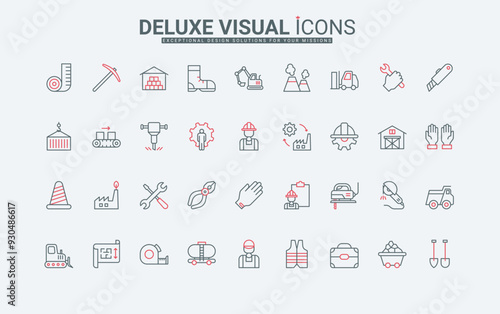 Labour day, safety equipment and tools of workers line icons set. Labor collection of helmet and vest, gloves and gear of construction industry thin black and red outline symbols vector illustration photo