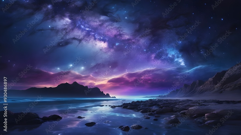 Fototapeta premium Stunning landscape of a lake under a starry night