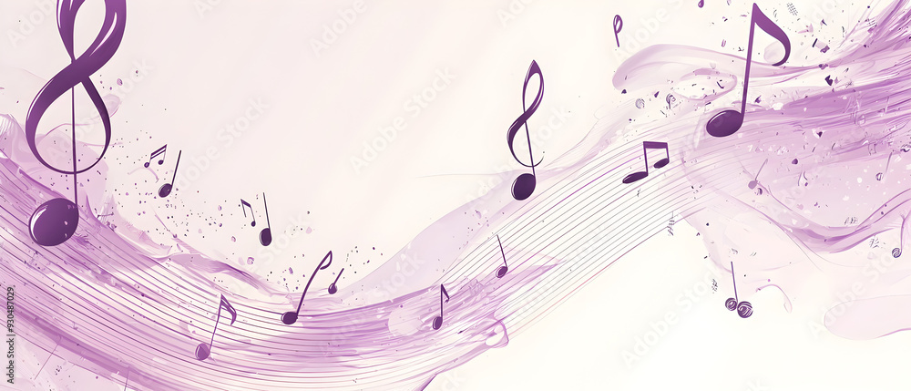 A vector illustration of a music notes banner, featuring a fresh purple color palette. The notes are stylized and float along curved lines that frame a central white space for text A vector illustration of a music notes banner, featuring a fresh purple color palette. The notes are stylized and float along curved lines that frame a central white space for text