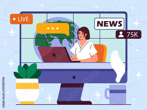 News presenter on TV. Woman with laptop tells information. Television show anchor. Mass media and journalism. Information and knowledge. Flat vector illustration isolated on blue background