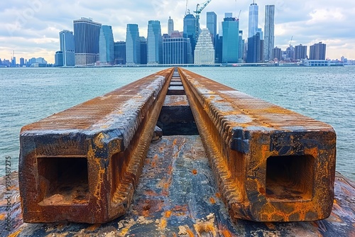 Rusty Railroad Tracks Leading Towards Manhattan Skyline