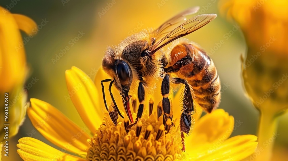 A close-up of a bee on a yellow flower, collecting pollen on a sunny day A close-up of a bee on a yellow flower, collecting pollen on a sunny day