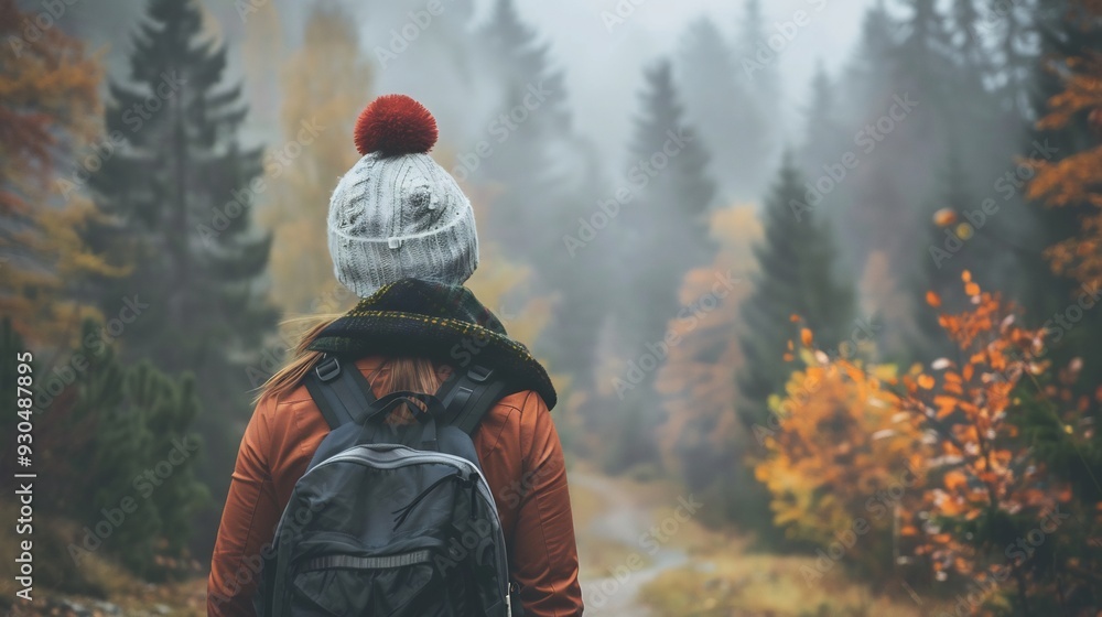 Woman with Backpack Walking Through Misty Forest Woman with Backpack Walking Through Misty Forest