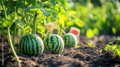 Green watermelon plants on the ground  photo