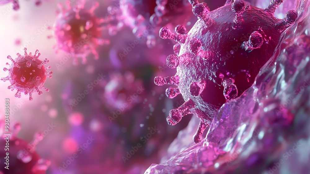 A vibrant microscopic view of a virus, showcasing intricate details and structures in a stunning, colorful rendering. A vibrant microscopic view of a virus, showcasing intricate details and structures in a stunning, colorful rendering.