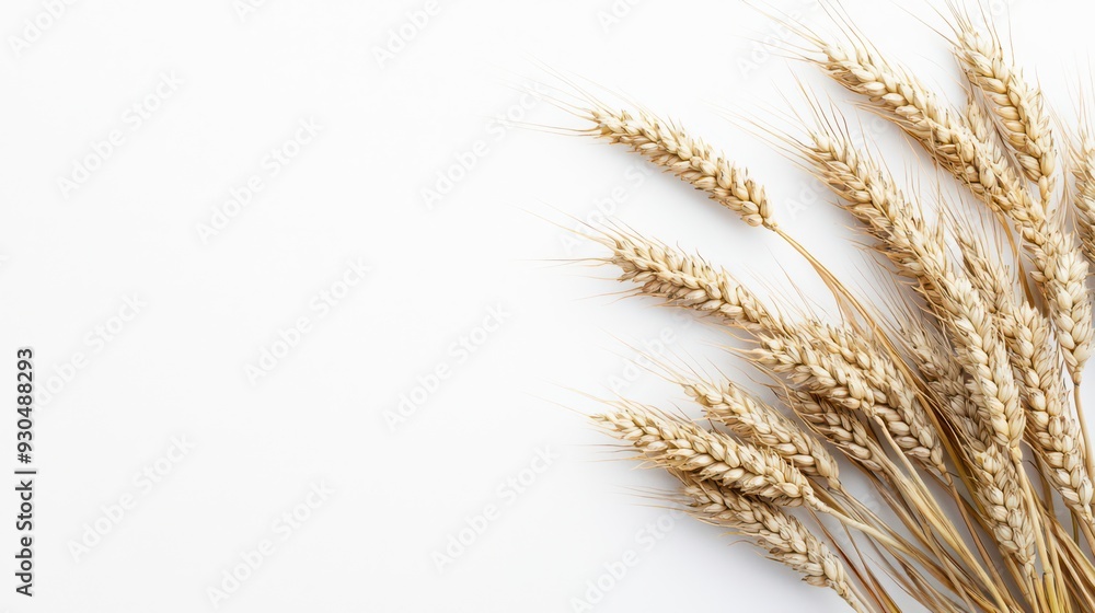 High-resolution flat lay of wheat on a white background, showcasing detailed stock photography of this grain.
