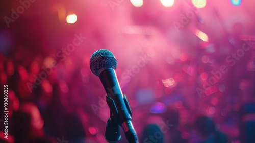 A close-up of a microphone on stage, with the audience blurred in the background, waiting for the show to start