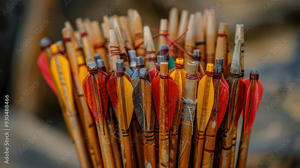 A close-up of a quiver full of arrows, ready for an archery competition A close-up of a quiver full of arrows, ready for an archery competition