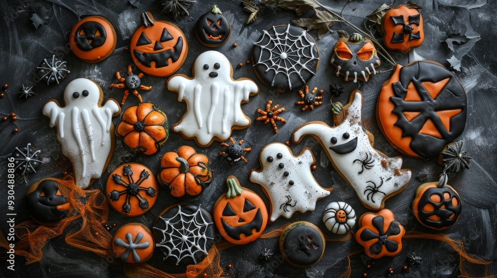 Various Halloween themed sweets on a black background Various Halloween themed sweets on a black background