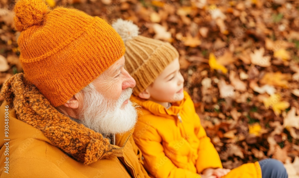 Elderly Man and Young Child in Cozy Attire Enjoy Guided Nature Therapy Session in Autumn Forest Clearing During Daytime Elderly Man and Young Child in Cozy Attire Enjoy Guided Nature Therapy Session in Autumn Forest Clearing During Daytime