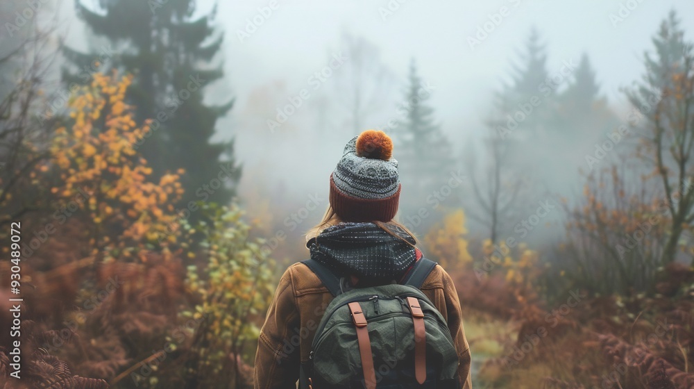 A lone hiker in a foggy forest during autumn. A lone hiker in a foggy forest during autumn.