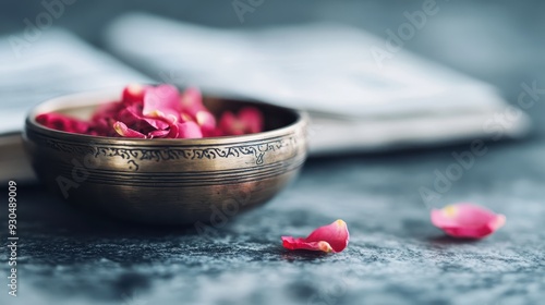 An ornate bronze bowl filled with dried rose petals, capturing a sense of serenity, nostalgia, and the timeless beauty of traditional decorative arts in a contemporary setting. photo