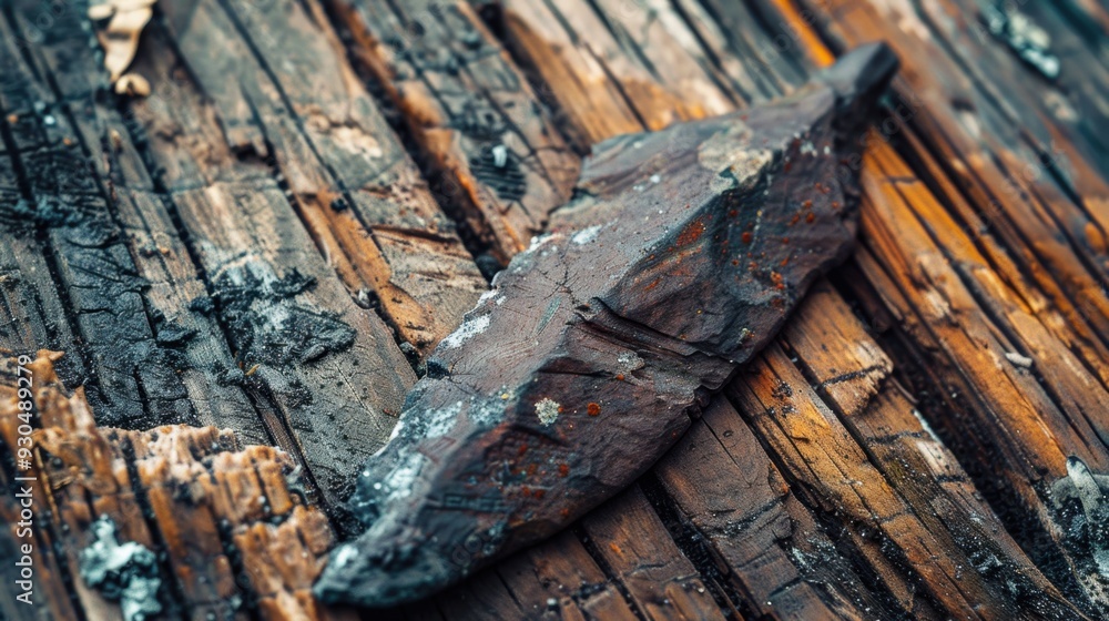 A close-up of an arrowhead, sharp and gleaming, resting on a rustic wooden table A close-up of an arrowhead, sharp and gleaming, resting on a rustic wooden table