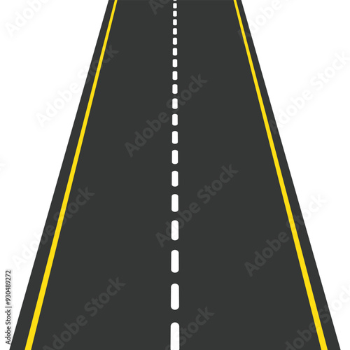 Seamless empty straight road pattern with single yellow dashed line and white solid lines road marking. Asphalt road top aerial view in flat style design. Vector illustration