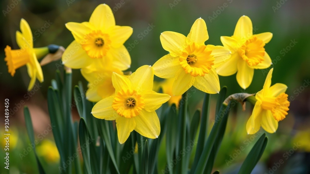 A close-up of yellow daffodils blooming in the early spring, signaling the arrival of warmer days A close-up of yellow daffodils blooming in the early spring, signaling the arrival of warmer days
