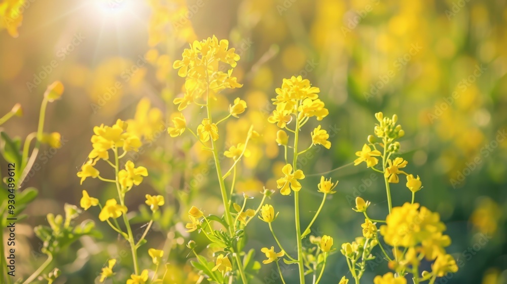 A close-up of yellow mustard flowers blooming in a sunlit field A close-up of yellow mustard flowers blooming in a sunlit field