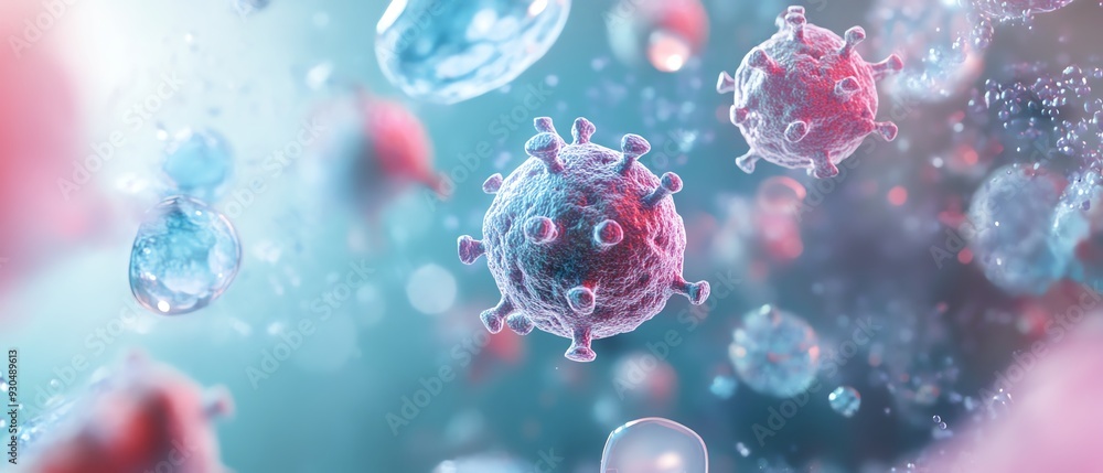 Microscopic view of viruses and bacteria in a colorful, abstract environment, showcasing their intricate structures. Microscopic view of viruses and bacteria in a colorful, abstract environment, showcasing their intricate structures.